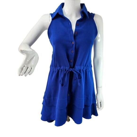 Nadia Sleeveless Short Shirt Dress Sz 4 Drawstring A Line Blue Poly Cotton Knit - Picture 1 of 10